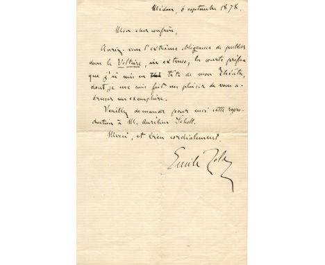 ZOLA EMILE: (1840-1902) French novelist, journalist and playwright. A.L.S., Emile Zola, one page, 8vo, Medan, 6th September 1