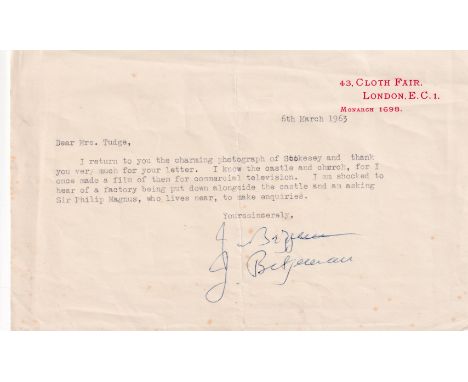 BETJEMAN JOHN: (1906-1984) English Poet Laureate 1972-84. T.L.S., J. Betjeman (twice; for no apparent reason), one page, oblo