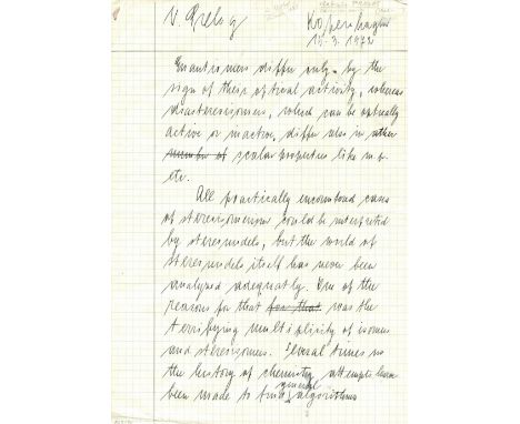 PRELOG VLADIMIR: (1906-1998) Croatian-Swiss Organic Chemist, Nobel Prize winner for Chemistry, 1975. Autograph Manuscript Sig