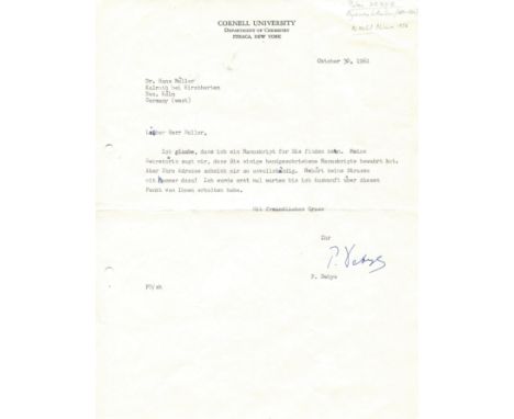 DEBYE PETER: (1884-1966) Dutch-American Physicist, Nobel Prize winner for Chemistry, 1936. T.L.S., P. Debye, one page, 4to, I
