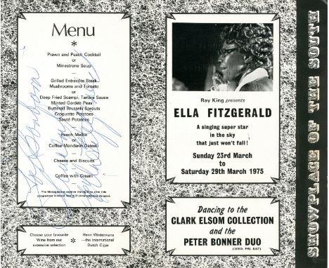 FITZGERALD ELLA: (1917-1996) American jazz singer. A printed 8vo folding menu card from the Kings Country Club in Eastbourne,