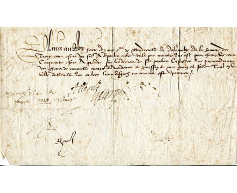 HENRY III: (1551-1589) King of France 1574-89. D.S., Accorde, Henry, one page, slim oblong 4to, Paris, 3rd February 1588 (?),