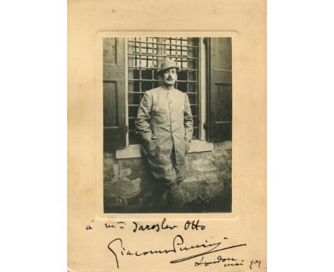 PUCCINI GIACOMO: (1858-1924) Italian composer. A fine vintage signed and inscribed 6.5 x 9 photograph, the engaging image dep