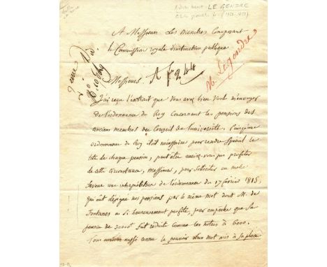 LEGENDRE ADRIEN-MARIE: (1752-1833) French mathematician who made numerous contributions to mathematics. A fine, rare A.L.S., 