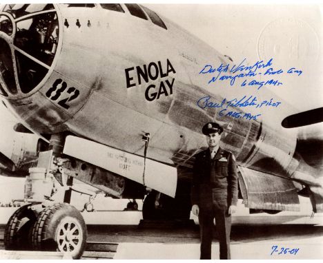 ENOLA GAY: Signed 10 x 8 photograph by two crew members of the Enola Gay, the Boeing B-29 Superfortress bomber aircraft which