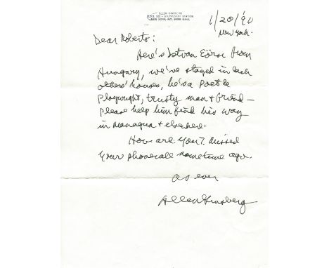 GINSBERG ALLEN: (1926-1997) American poet and writer associated with the Beat Generation. A.L.S., Allen Ginsberg, one page, 4