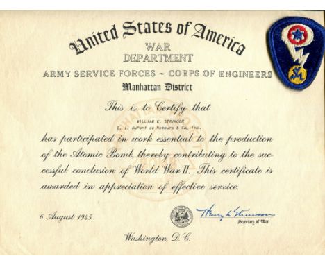 [MANHATTAN PROJECT]: A rare original United States of America war department diploma, one page, oblong 4to, Washington D.C., 