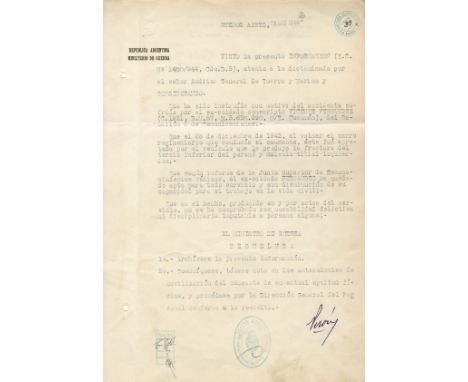 PERON JUAN: (1895-1974) President of Argentina 1946-55 &amp; 1973-74. T.L.S., `Peron´, in his capacity as Minister of war, on