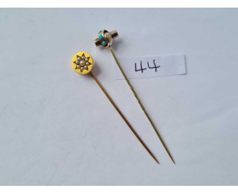 A Victorian gold turquoise knot stick pin and a Victorian circular pearl stick pin in 15ct gold 