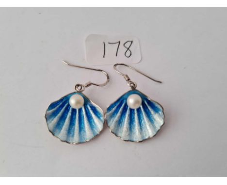 A pair of attractive silver and blue enamel/pearl shell  earrings 5.4g inc