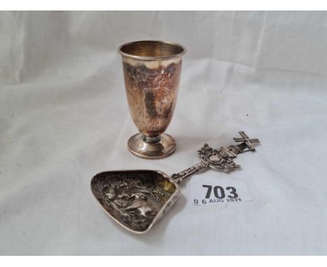 A Dutch caddy spoon with embossed shovel bowl &amp; a foreign silver beaker