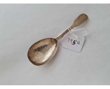A Victorian caddy spoon with scroll engraved bowl, London 1848, by GB
