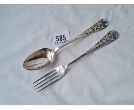 A attractive christening spoon and fork with pieced decoration Sheffield 1902 - 57 gms 