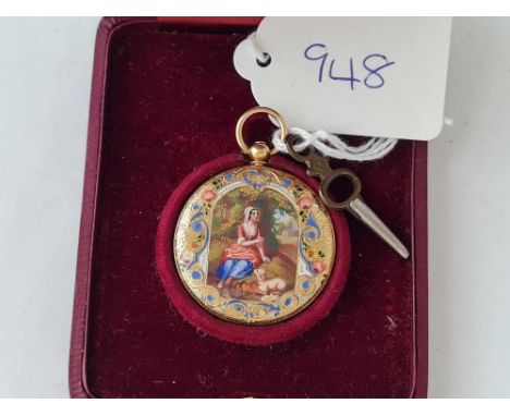 A VERY ATTRACTIVE LADIES FOB WATCH WITH ENAMEL PORTRATE PANELS TO FRONT AND BACK BY BOUCHER SET IN GOLD WITH ORIGANAL KEY AND