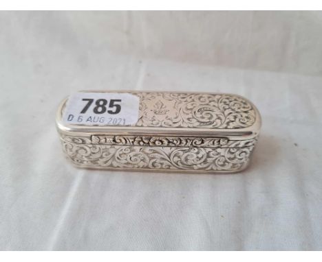 An early Victorian snuff box engraved with scrolls cast thumb piece, 3.5" long, Bham 1840, by WS