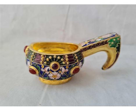 A silver gilt &amp; enamel decorated salt with handle, 4” wide