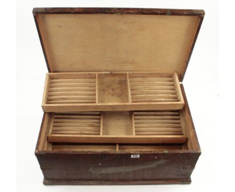 A lockable pine tool chest 30" x 19" x 14" with four sliding trays fitted out for carving tools G+