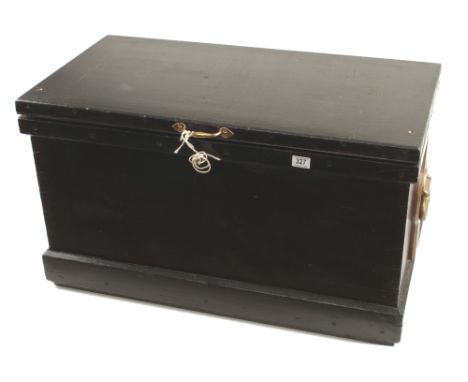 A pine tool chest 36" x 20" x 20" with mahogany and satin wood panelled lid and a bank of sliding drawers complete with kit o
