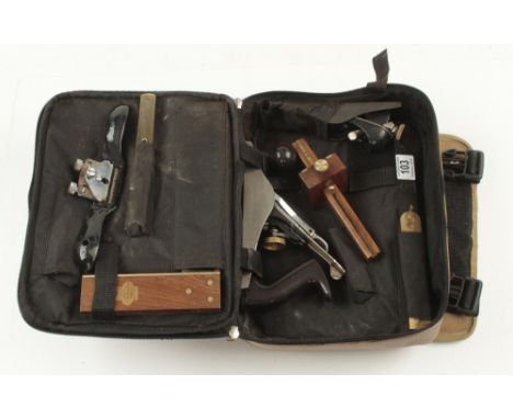 A set of little used tools in canvas carrying case incl. STANLEY No 3, block plane, shave, gauges, bevel and level G+