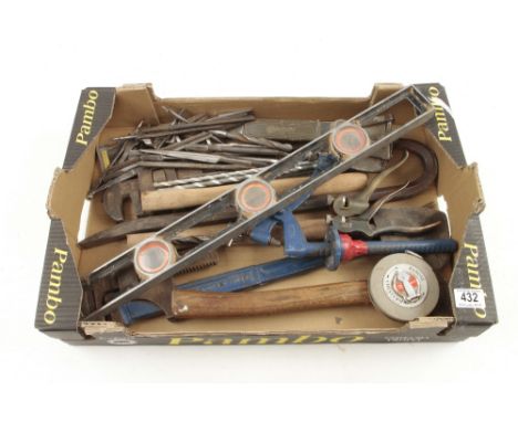 Two RECORD Stilson wrenches, jemmy bar and other tools 