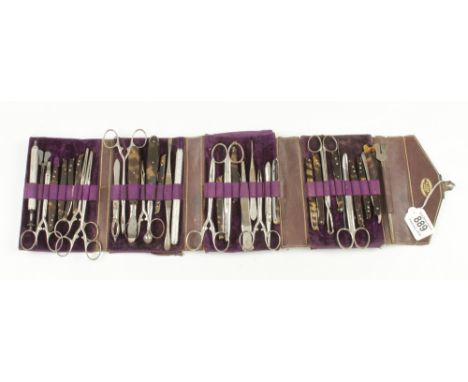 An unusual 19c roll of 35 French surgeons tools by MATHIEU Paris 16 with tortoiseshell handles, the four fold leatherette rol