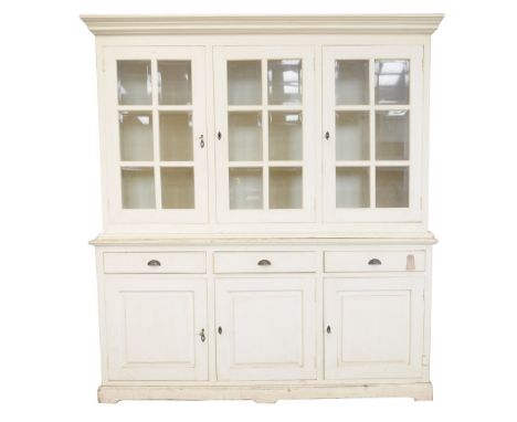 A Painted and glazed housekeepers cupboard, 20th CenturyWith three glazed doors over three frieze drawers and three cupboards