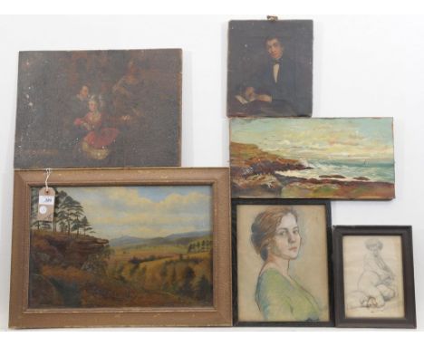 A collection of late 19th century / early 20th century paintingsTo include two sketches of young female figures, a painting o