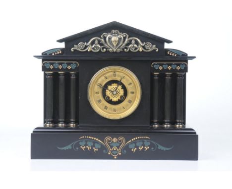 A Victorian black slate mantel clockOf Classical revival form with architectural casing, enclosing glazed dial with gilt chap