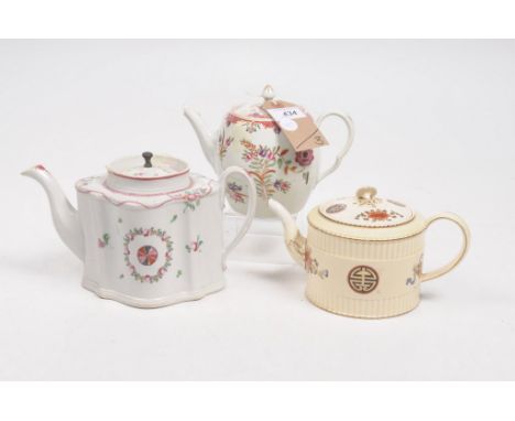 A collection of three English porcelain 18th / 19th century teapotsTo include a New Hall silver shaped teapot, 13cm high, and