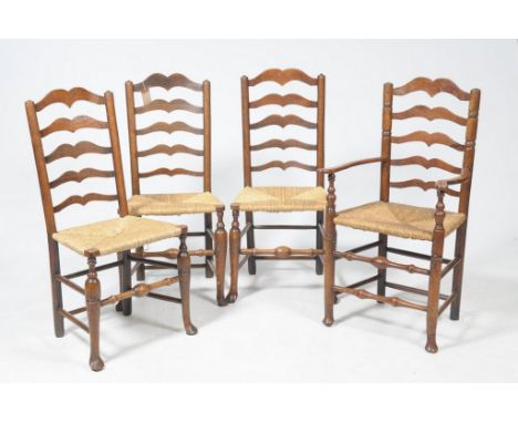 A Harlequin set of four 18th Century style ladder back kitchen chairs, 19th CenturyEach with an envelope rush seat raised on 