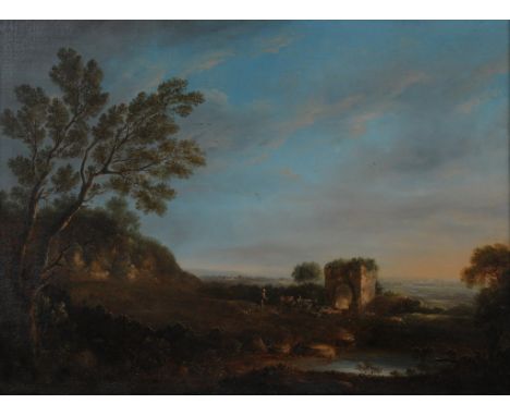 Attributed to John Warwick Smith, (British 1749-1831) "Shepherd in rural landscape"Painted depicting a shepherd and flock bef