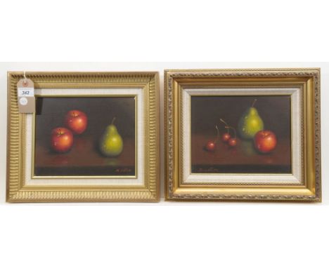 British school (20th century), a pair of still life oil paintings, signed K CottonEach painted with cherries, apples and pear