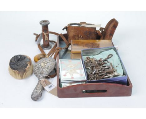A mixed group of collectable itemsTo include a pair of binoculars in tan leather castle, a bobbin egg timer, a painted glass 