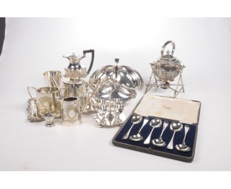 A large collection of silver plated itemsTo include; a spirit kettle on stand, a glass biscuit barrel and matched glass sugar