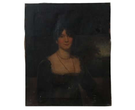 An early 19th century portrait of a young aristocratic lady Dressed in frilled velvet dress, before a rural landscape, oil on