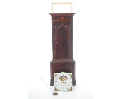 A George III inlaid mahogany longcase clock, (lacking hood) with a painted rolling moon dial signed " W Andrews , Middlewich"