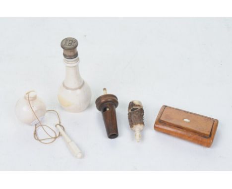 A Mixed Collection of 19th Century and later itemsTo include an ivory desk seal with initials "D.S.", a treen whistle, a carv