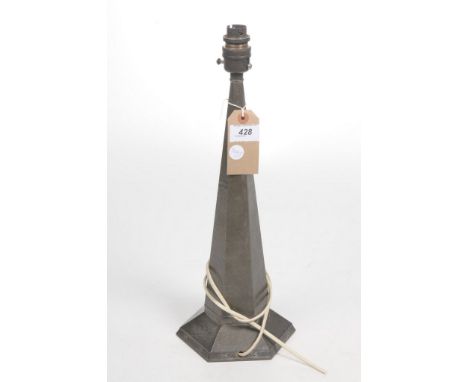 A Talbot pewter Art Nouveau lamp baseThe hexagonal faceted patinated pewter lamp base of tapered form with stylised borders, 