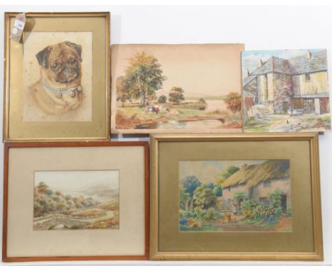 A mixed collection of early 20th century watercoloursTo include a pug wearing blue collar, unsigned, a John Fox watercolour p