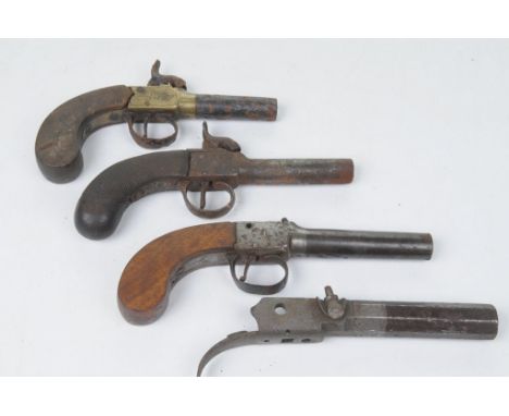 A turn-off barrel percussion cap pistol, mid 19th Century5.5cm barrel, brass frame with foliate decoration and slab butt, per