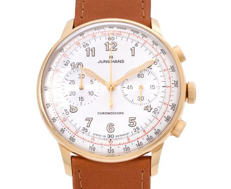 JUNGHANS Meister Chronoscope "Telemeter" Herren Chronograph, Ref. 027/5382. Full Set 2018. Edelstahl, vergoldet. Automatik-We