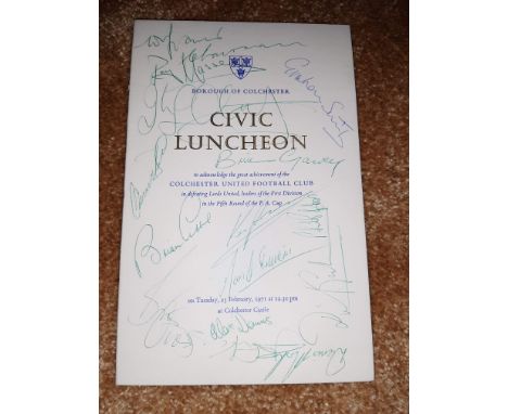 Football : Colchester Utd - Civic Lunch menu in recognition of Leeds victory FA Cup 1971 - fully signed by team - rare item