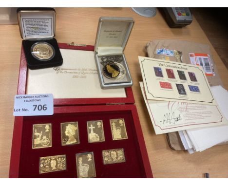 Collectables : Coins various - inc Buffalo Dollar, QV item, Coronation 78 replica silver/gold stamps - nice condition