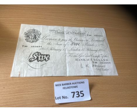 Collectables : Banknotes - GB white £5 note YG6 083694 15 eb 1955 L K O'Brien signed with crease - clean
