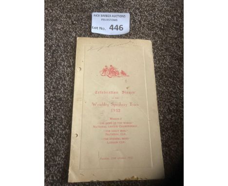 Speedway : Wembley Speedway 1932 - Celebration Dinner Menu 25/10/1932 fully signed inside front cover - unique item inc Van P