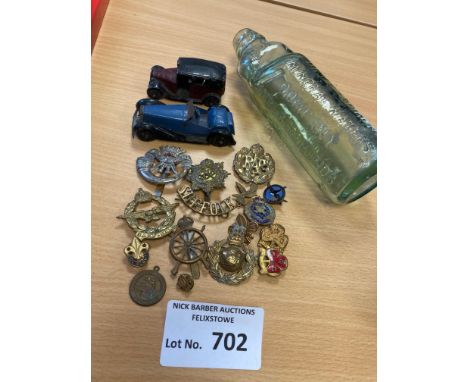 Collectables : Militaria/Diecast - various Dinky cars (2) military badges &amp; vintage bury steds bottle
