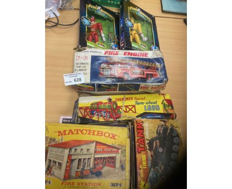 Diecast : Mixed box of items inc friction - inc Fire Engine, Cherokee - Loco, Cap firing Tank Matchbox - Fire Station MF-1 bo