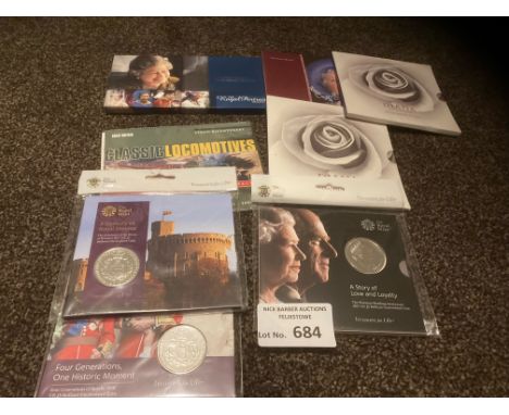 Collectables : Coins - UK various commem carded coins x8 several £5 coins &amp; portrait cllxn