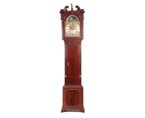 WILLIAM DAVIES. CHESTER. A LATE 18th CENTURY FIGURED MAHOGANY LONGCASE CLOCK the hood with swan neck pediment above a glazed 