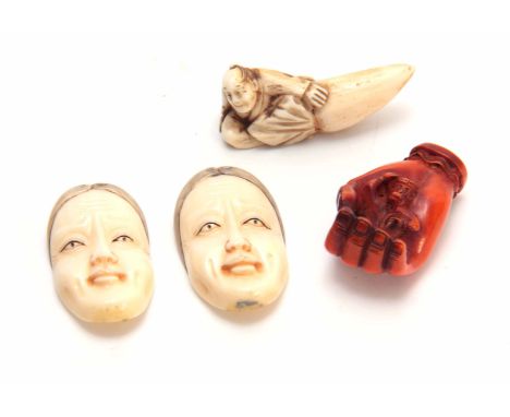 A COLLECTION OF FOUR EARLY 20th CENTURY IVORY NETSUKE three with character marks (4)